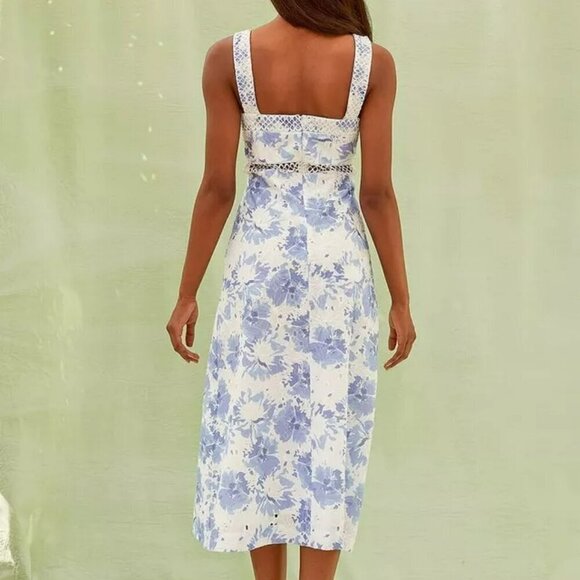 Lulus See the World Floral Midi Dress Blue White Size Medium - Picture 14 of 14